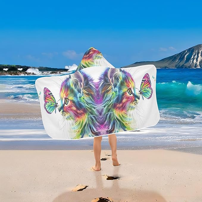 Hooded Towel for Kids Cat of Multiple Colors Staring at Butterfly Beach Wrap Bath Towels 50x23.5in