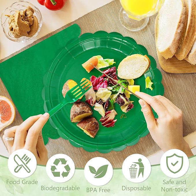 Mulbozy 100 Green Plates and Napkins Disposable Set Includes 25-9" & 25-7" Dessert Cake Scalloped Plates, Cocktail Napkins, Forks for for Holiday Party Supplies