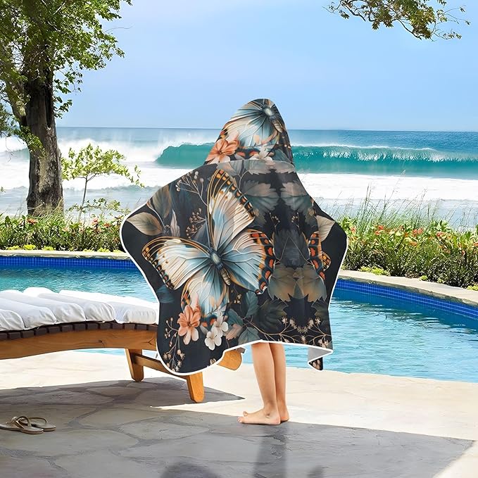 Hooded Towel for Kids Butterfly Surrounded by Floating Spring Leaves Beach Wrap Bath Towels 50x23.5in