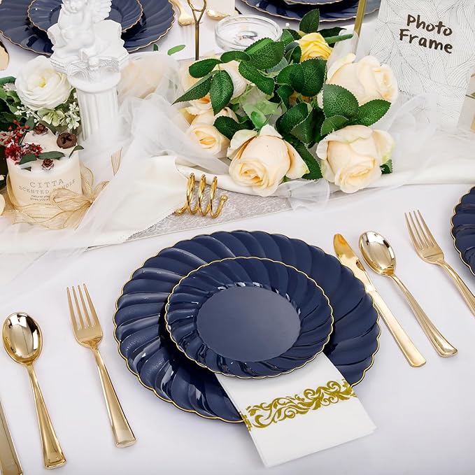 YOUBET 150PCS Blue Plastic Plates - Gold Plastic Silverware - Heavy Duty Navy Blue Disposable Plates include 50 Plates, 25 Forks, 25 Knives, 25 Spoons, 25 Napkins for Wedding Birthday Parties