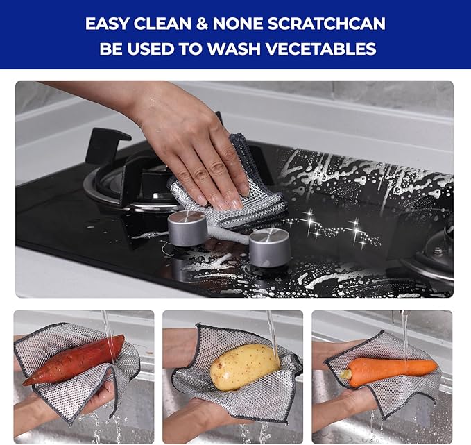 Wangjinpeng 24 Pcs New Upgrade 3-Layer Metal Dish Cloths, Non-Scratch Odor-Free Multipurpose Wire Dishwashing Rags for Wet Dry Use, Kitchen Cleaning Cloths for Dishes, Sinks & Stove Tops(7.87X7.87)
