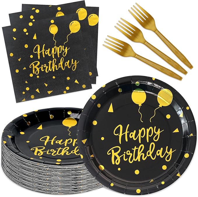 75 Pcs Happy Birthday Paper Plates,Serves 25 Guests Black Gold Plates and Napkins with Gold Forks,Disposable Paper Tableware Set for Birthday Party Decorations