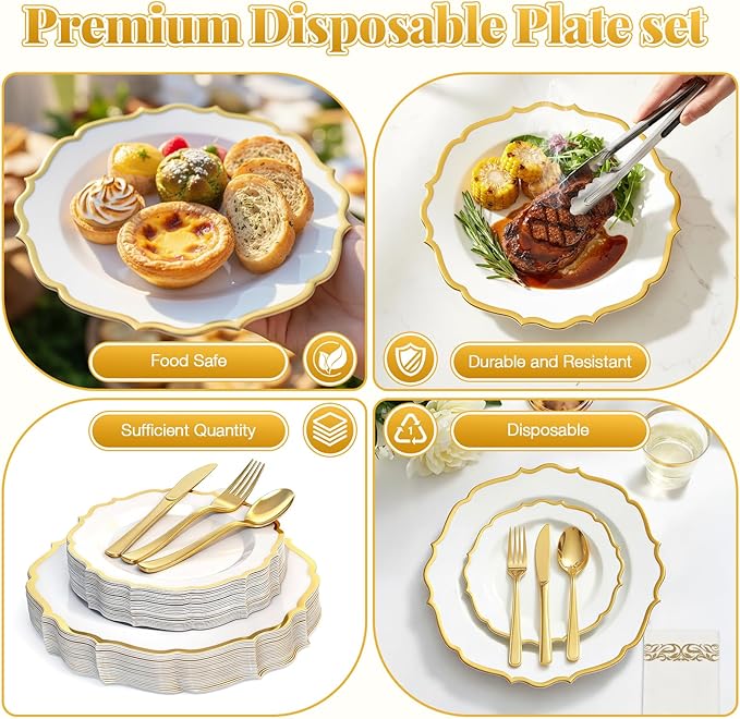 175 Plastic Dinnerware Set Gold Disposable Dinnerware Set for 25 Guests Include 50 Plastic Plates 25 Silverware Set 25 Cups and 25 Napkins for Party Wedding Birthday