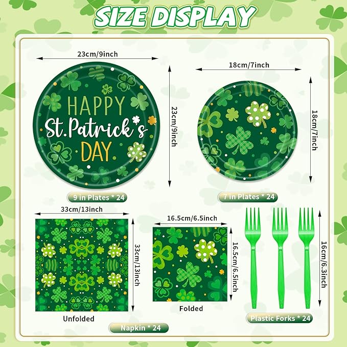 96 Pieces Happy St. Patrick's Day Plates and Napkins Tableware Set, Green Shamrock Lucky Disposable Dinnerware with Paper Plates, Napkins, and Forks for St Patrick Day Irish Party Supplies- Serves 24