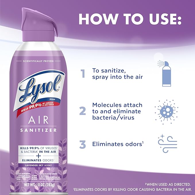 Lysol Air Sanitizer Spray with Bacterial Odor Eliminator for Home & Office, Sanitizing Air Spray, Air Freshener Alternative,Lavender Sky Scent, 10 oz (Pack of 3)