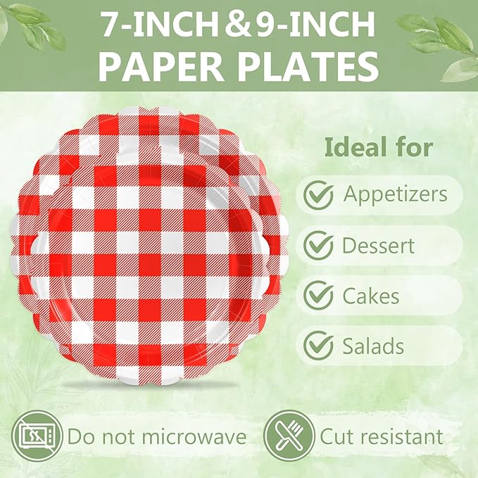 Mulbozy 100 Red Gingham Plates and Napkins Disposable Set Includes 25-9" & 25-7" Dessert Cake Scalloped Plates, Cocktail Napkins, Forks for for Holiday Party Supplies