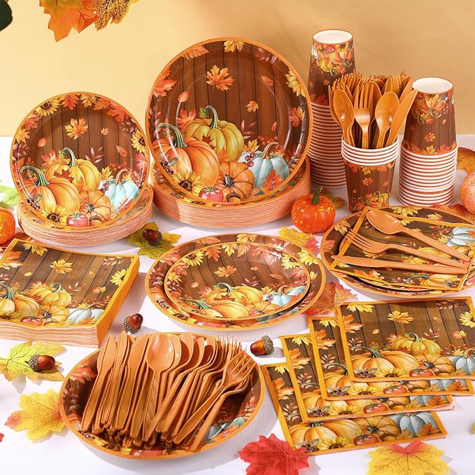 Pickmesh 400 Pcs Thanksgiving Plates and Napkins Set, Fall Pumpkin Paper Plates and Cups with Plastic Cutlery, Pumpkin Maple Leaf Disposable Tableware for Autumn Harvest Party Supplies