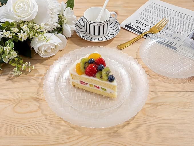 Festiva 60PCS Clear Ivory Plastic Plates - Heavy Duty Weave Pattern Fancy Disposable Plates -serve for 30 guests Include 30PCS 10" & 30PCS 7" Plates for Bithday &Easter Party(Ivory)