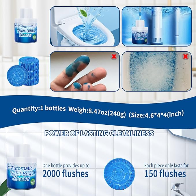Automatic Toilet Bowl Cleaner with Unique Retrieval Rope - 2000 Flushes Long Lasting Toilet Tank Cleaner, Blue Water Stain Remover and Deodorizer, Safe for Septic Systems, 1 Pack (90 Days)