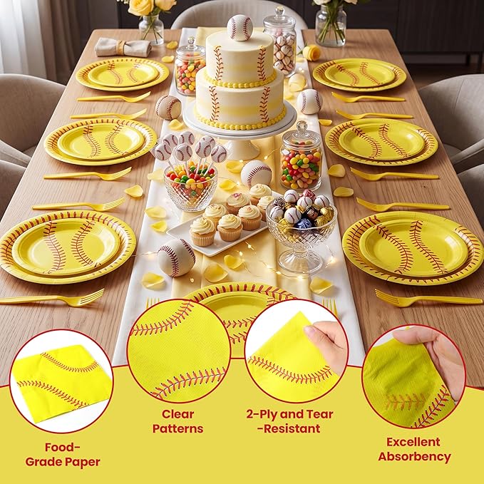 100 Pcs Softball Party Supplies for 25 Guests, Heavy-Duty 7" & 9" Paper Plates, 2-Ply 13" Napkins & Plastic Forks, Disposable Softball Themed Tableware Set for Game Day and Birthday