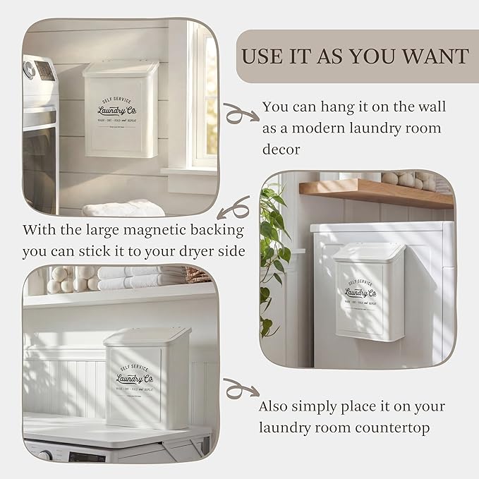 MONJITA Magnetic Lint Bin for Laundry Room, Metal Trash Can with Lid for Dryer, Farmhouse Lint Holder, Laundry Co Sign, Laundry Room Storage Decor with Dryer Lint Brush (White-Dryer Ball Set)