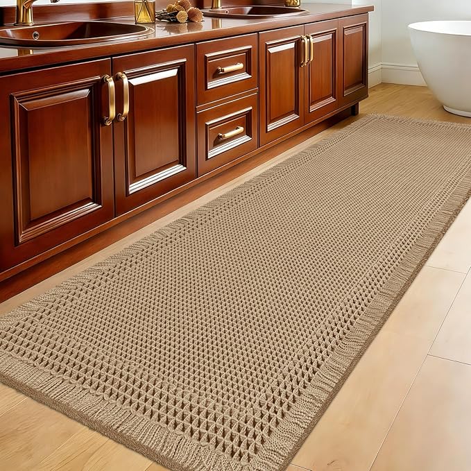 Extra Large Waffle Bath Mat, 5'x2' Beige-Bordered, Super Absorbent Non-Slip Quick Dry Bathroom Rugs with Tassels, Machine Washable Ultra Soft Boho Bath Rugs for Floor, Toilet Mats Boho Farmhouse Decor