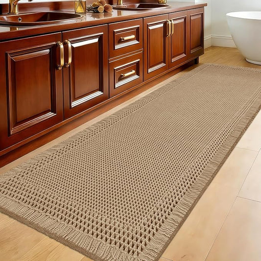Extra Large Waffle Bath Mat, 5'x2' Beige-Bordered, Super Absorbent Non-Slip Quick Dry Bathroom Rugs with Tassels, Machine Washable Ultra Soft Boho Bath Rugs for Floor, Toilet Mats Boho Farmhouse Decor