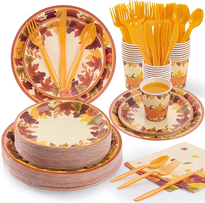 Fijinhom Fall Party Paper Plates Set, 350 PCS Thanksgiving Party Supplies, Disposable Dinnerware Set for 50 Guests, Fall Maple Leaves Pumpkins Paper Plates Napkins Cups for Christmas