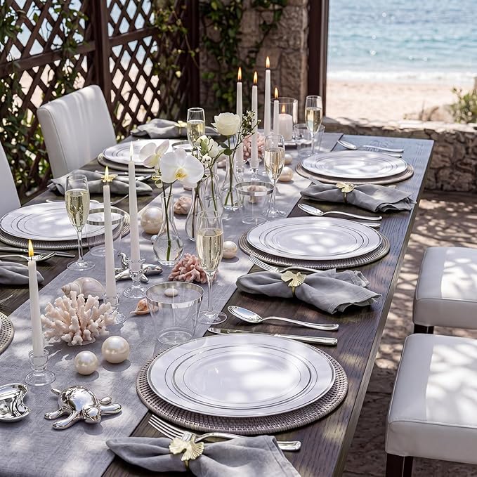 WDF 120PCS Plastic Plates White Silver Rim - Disposable Plates including 60PCS for Dinner 10.25inch, 60 Salad/Dessert Plates 7.5inch Heavy Duty Wedding Party Birthday