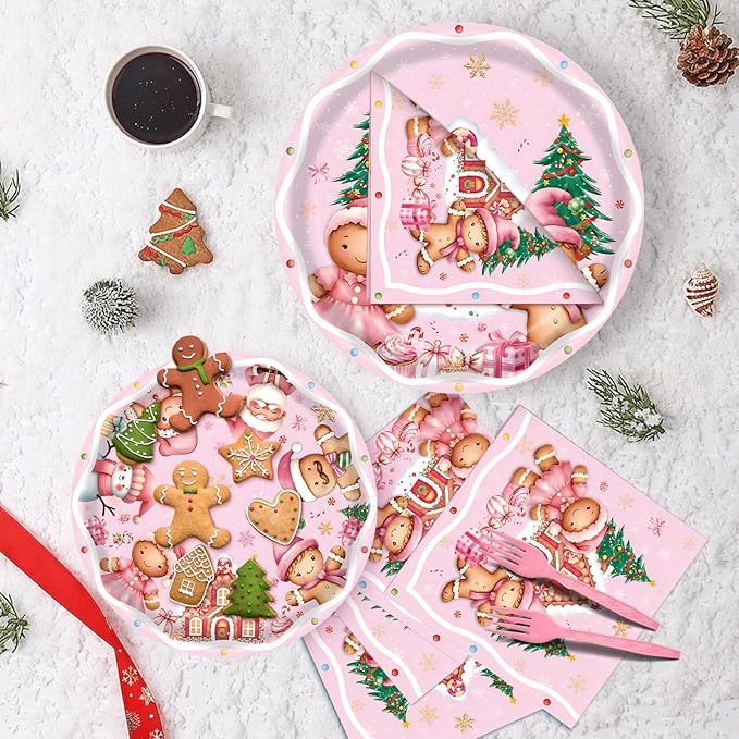 100 Pieces Pink Christmas Party Tableware Set – Gingerbread Round Plates, Napkins and Forks, Disposable Dinnerware for Christmas Birthday, Holiday and Winter Party Supplies