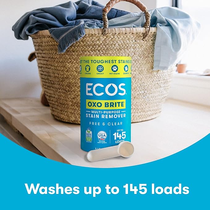 ECOS OXO BRITE Multi-Purpose Stain Remover, Brightens & Whitens, Free & Clear, 145 Loads, Plastic-Free, Safer Choice Certified, 2 lbs