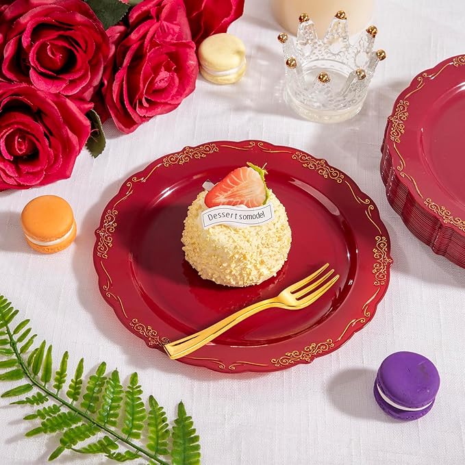 LIYH 100 Pcs Burgundy Gold Plastic Dessert Plates with 100 Pcs Gold Dessert Forks, Disposable Red Salad Plates Includes 100 Appetizer Plate 7.5"and 100 Golden Cake Forks 5 "