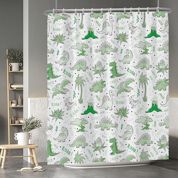 Baocicoo Cute Cartoon Dinosaur Shower Curtain Sets Green Animals Plants Bath Curtain for Boys Girls Bathroom Decorations Polyester Fabric Waterproof Curtains for Bathroom with Hooks 72x84 Inches