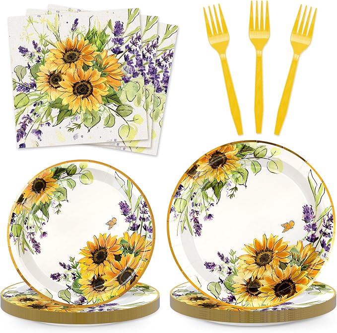 Sunflower Party Supplies Kit Serves 24 Watercolor Floral Paper Plates Napkins Disposable Plastic Forks for Summer Baby Shower Birthday, 7 inch, 9 inch