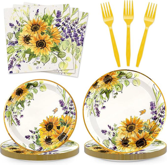 Sunflower Party Supplies Kit Serves 24 Watercolor Floral Paper Plates Napkins Disposable Plastic Forks for Summer Baby Shower Birthday, 7 inch, 9 inch
