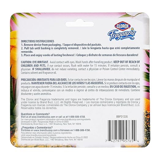 Clorox Fraganzia Small Rooms Air Freshener, Island Escape - Peel & Place, No-Plug, Battery-Free for Closets, Laundry Room, Entry Way, Bathroom, Locker, 0.25 Fl Oz Each, 2 Count - 2 Pack