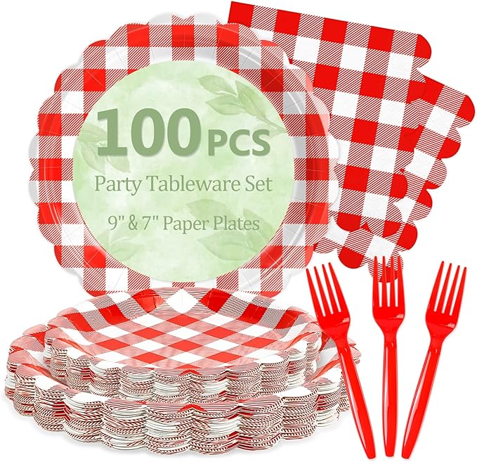 Mulbozy 100 Red Gingham Plates and Napkins Disposable Set Includes 25-9" & 25-7" Dessert Cake Scalloped Plates, Cocktail Napkins, Forks for for Holiday Party Supplies