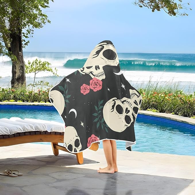 SUABO Kids' Bath Towels Skull Pink Rose Hooded Towels for Boys Girls,Toddler Towels Multi-Purpose for Beach,Pool and Bathroom,23.5" x 50", Soft and Highly Absorbent