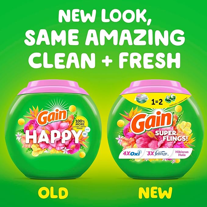 Gain Super Flings Laundry Detergent Pacs, 18 Count, Hibiscus Hula scent, irresistibly clean and fresh washing detergent laundry soap pacs (Pack of 4)
