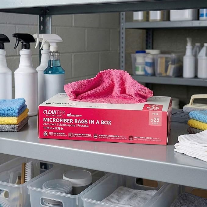 Restaurantware-Clean Tek Professional 11.81 x 11.81 Inch Microfiber Rags In a Box, 250 Absorbent Cleaning Cloths - No-Scratch, Pink Microfiber Reusable Edgeless Cleaning Towels, Leaves No Streak