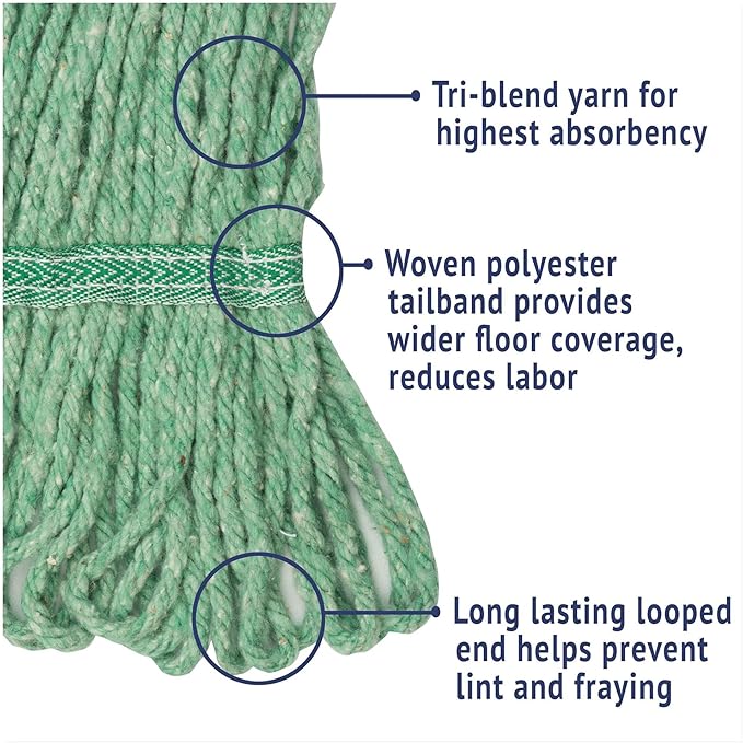 Boardwalk Super Loop Wet Mop Head, Cotton/Synthetic Fiber, 5" Headband, Medium Size, Green, 12/Carton