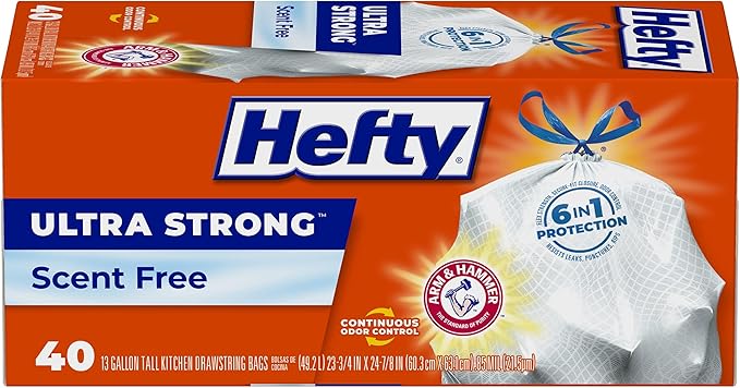 Hefty Ultra Strong 13-Gallon Trash Bags, Tall Kitchen, Drawstring Closure, Odor Control, White, Unscented, 40-Pack