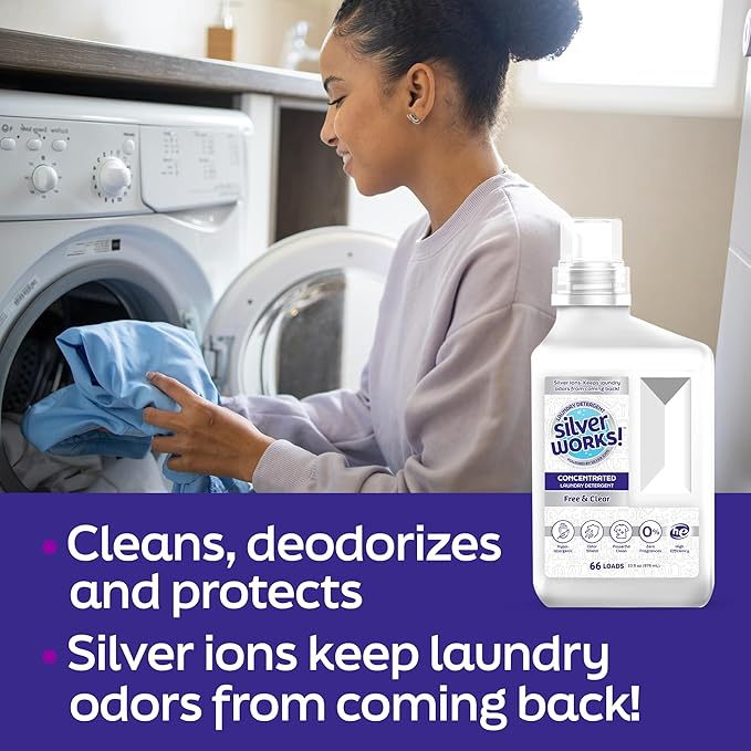 SilverWorks! Powerful Odor Eliminating Laundry Detergent Liquid, Silver Ion Deodorizer Technology, Laundry Odor Eliminator For Clothes, Cleans, Deodorizes & Protects - 33 fl oz, 66 Loads, Free & Clear