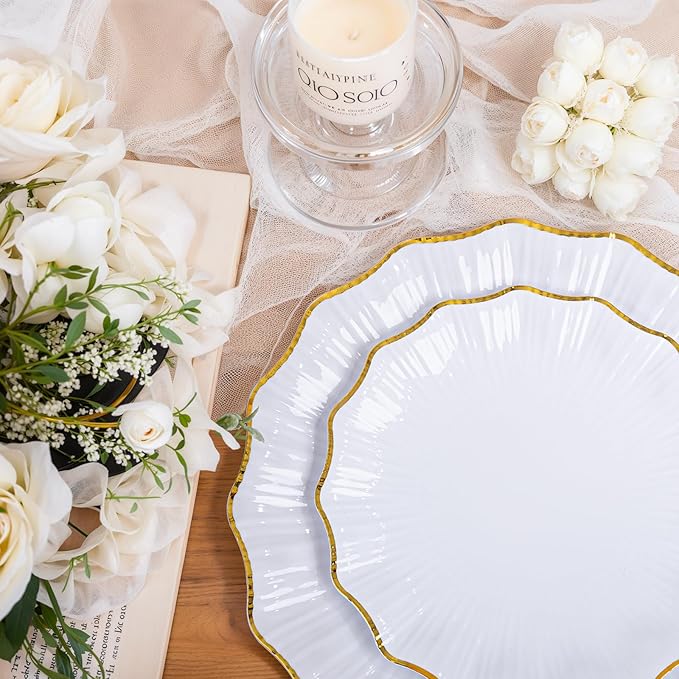 U-QE 150PCS White and Gold Plastic Plates with Gold Disposable Silverware for 30 Guests, Vintage White Plastic Plates Include 30 Dinner Plate,30 Dessert Plate,90 Cutlery for Bridal Shower, Party
