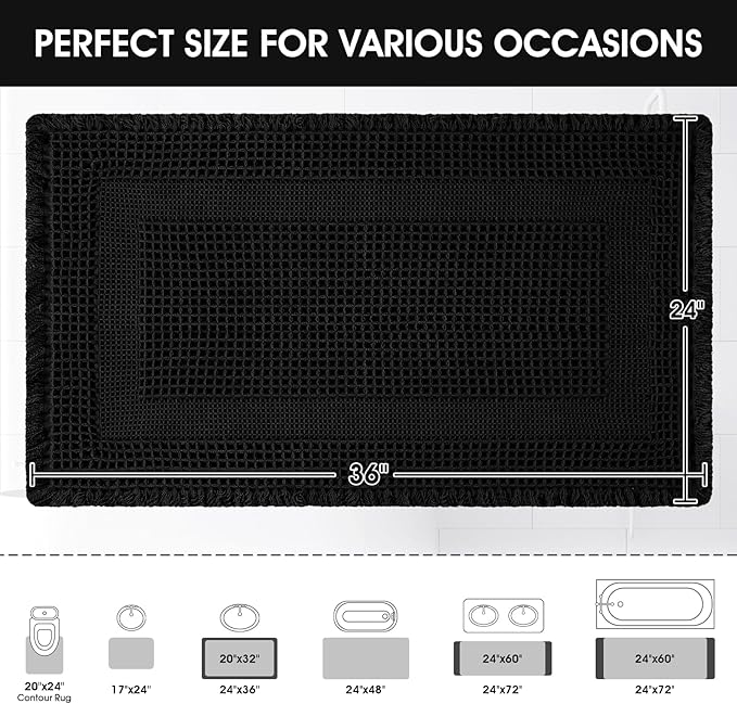 Upgraded Waffle Bath Mat, 36"x24" Black-Looped, Super Absorbent Non-Slip Quick Dry Bathroom Rugs with Tassels, Machine Washable Ultra Soft Boho Bath Rugs for Floor, Toilet Mats Boho Farmhouse Decor