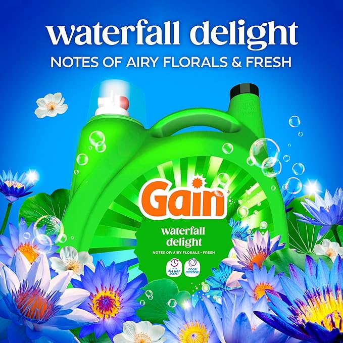Gain Liquid Laundry Detergent with Odor Defense, Waterfall Delight Scent, Laundry Soap For HE Washing Machines, 132 fl oz, 100 Loads (Packaging May Vary)