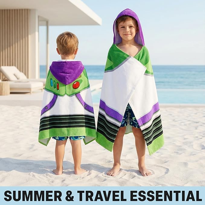 Disney Pixar Toy Story Bath Towels with Hood for Boys, Ages 2-6, Buzz Lightyear Soft and Absorbent Hooded Cotton Beach Towel Wrap, Swimming Pool Poncho, Gifts for Boys (Multi Buzz Lightyear)