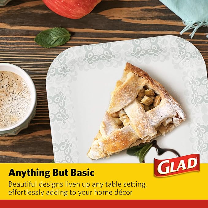 Glad Square Heavy Duty Paper Plates, Soak Proof and Cut Proof Disposable Plates for Parties and Everyday Meals, Microwaveable for Easy Serving, Grey Victorian Pattern, 7 Inch, 50 Count