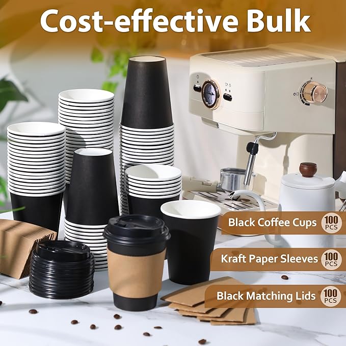 Clawsoff 500 Pack 12 oz Disposable Paper Coffee Cups with Lids and Sleeves, Leak-free Disposable Insulated Paper Cups for To Go Hot or Cold Beverages(Black)