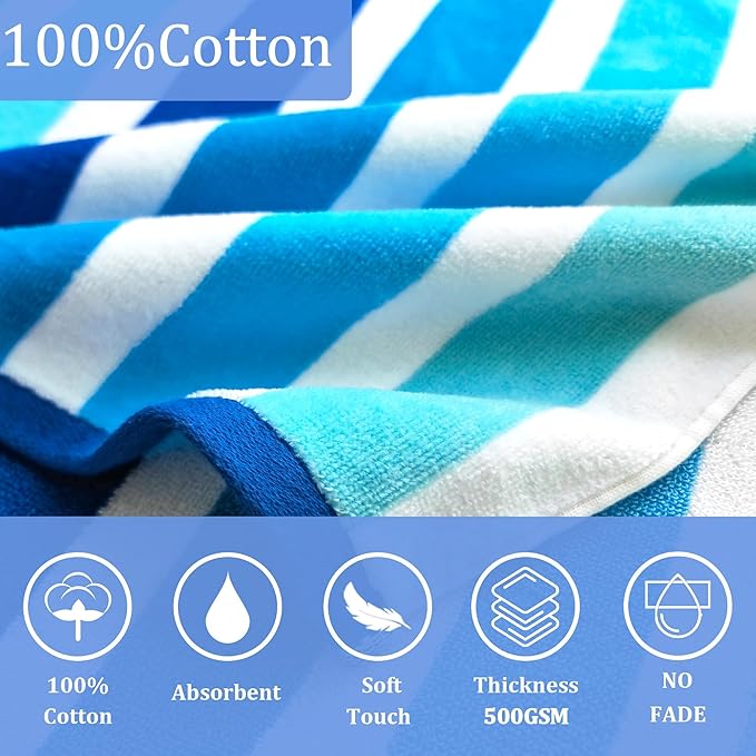 VOOVA & MOVAS Hooded Poncho Towel for Teens Unisex 100% Cotton Fresh Airy Beach Swim Bath Cover Up Blue Two Tone Stripe