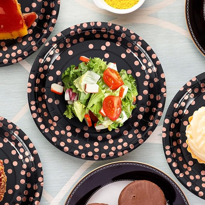 Black & Rose Gold Dots Party Paper Plates, 50 PCS Disposable Party Supplies Dessert Paper Plate for Birthday Wedding Graduation Supplies (7 inches)