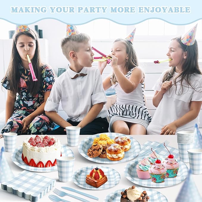 Vyntra 350 Pcs Blue Gingham Paper Plates and Napkins Set for 50, 9" Dinner Plates & 7" Dessert Plate, Baby Boy Shower Birthday Party