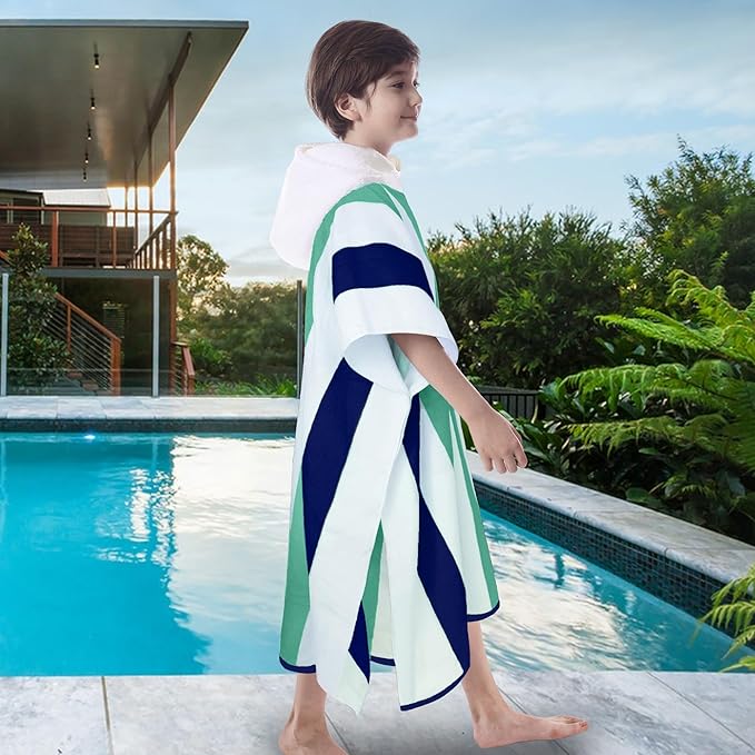 VOOVA & MOVAS Big Kid Hooded Towel, Absorbent Cotton Thick Hooded Towel Robe for Teens,Perfect for Pool, Beach, Bath, Green Blue White Stripe