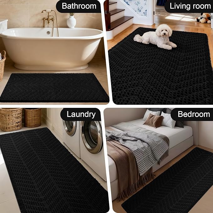 Upgraded Waffle Bath Mat, 32"x20" Black-Herringbone, Super Absorbent Non-Slip Quick Dry Bathroom Rugs with Tassels, Machine Washable Ultra Soft Boho Bath Rugs, Toilet Mats Boho Farmhouse Decor