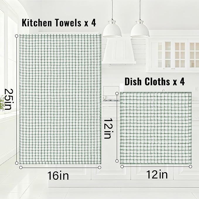 Homaxy Kitchen Towels and Dishcloths Set, 16 x 25 and 12 x 12 Inches, Set of 12 Cotton Terry Kitchen Dish Towels, Super Soft and Absorbent Dish Cloths, Grass Green