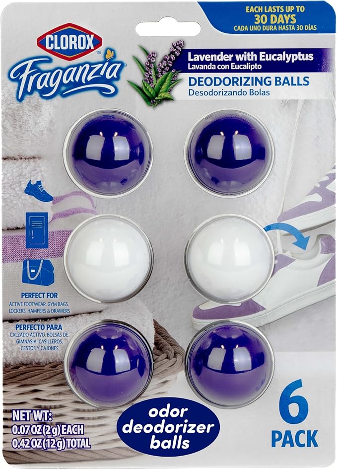 Clorox Fraganzia Deodorizing Balls with Lavender and Eucalyptus Scent, Battery-Free Shoe and Small Space Odor Eliminator with Up to 30 Days of Freshness, 6 Count Pack