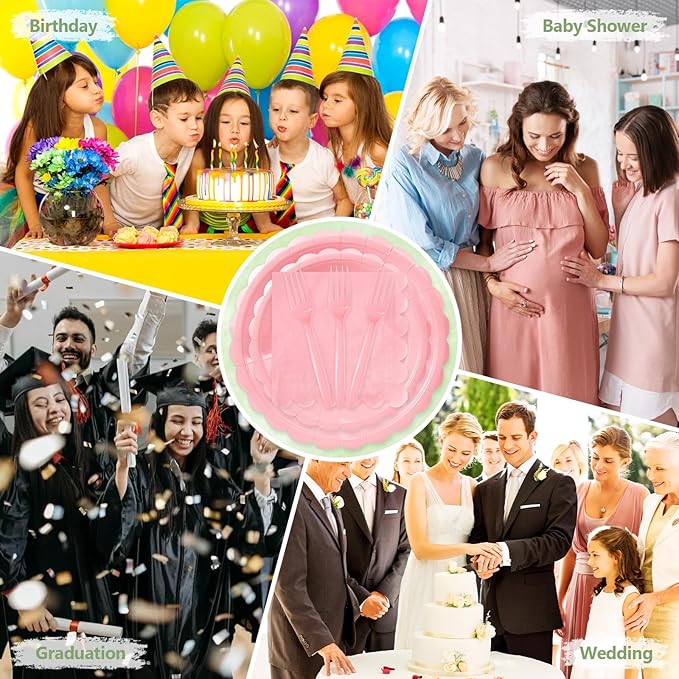 Mulbozy 100 Pink Paper Plates and Napkins Disposable Set Includes 25-9" & 25-7" Dessert Cake Scalloped Plates, Cocktail Napkins, Forks for for Holiday Party Supplies