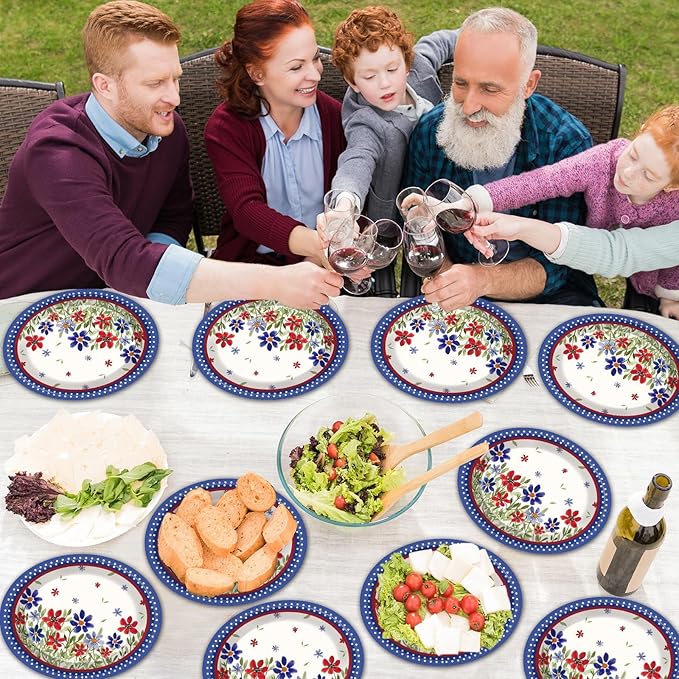 CHUNNIN 50 Pcs Memorial Day Oval Paper Plates Patriotic 4th of July Party Supplies Poppy Flower Summer Independence Day American Disposable Plates Floral Fourth of July Decorations