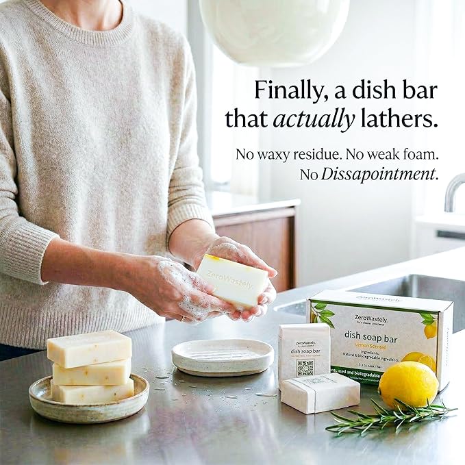 ZeroWastely Natural Dish Soap Bar - Value Pack of 3 Solid Soap Block 16oz - Lemon Scented, Long Lasting, Skin Friendly - Sustainably Made from 100% Organic Ingredients - Plastic Free Dish Soap