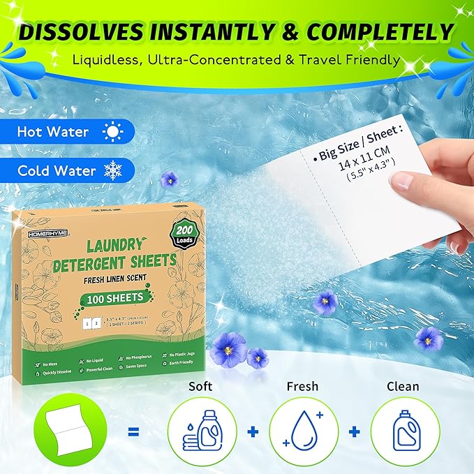 Laundry Detergent Sheets - Fresh Linen Scent, 200 Loads (100 Sheets), Plastic Free Laundry Sheets for Travel, Dorms, Home, Apartments, Eco & Hypoallergenic